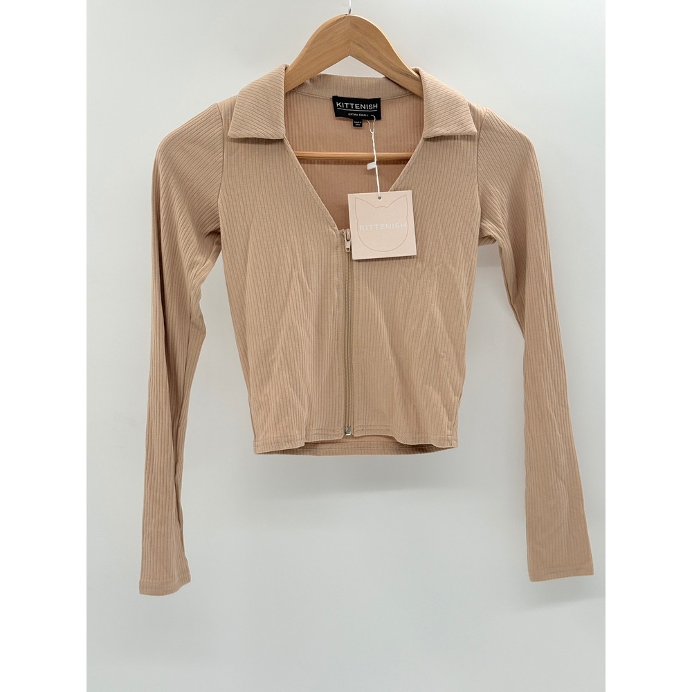 Kittenish Crop Top Women XS Tan Camel Collar Full Zip Long Sleeve Ribbed New